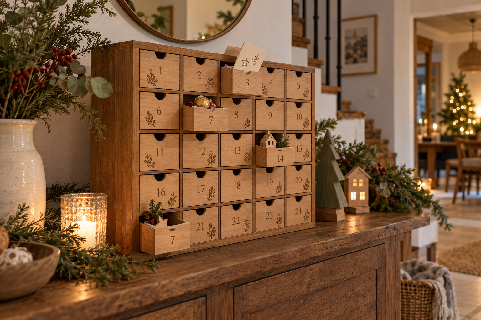 Calendario de Adviento reutilizable de madera con cajones numerados y pequeños regalos