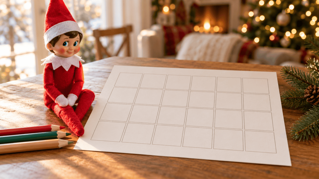 Muñeco de elfo navideño junto a una plantilla de calendario vacía de 24 casillas y lápices de colores