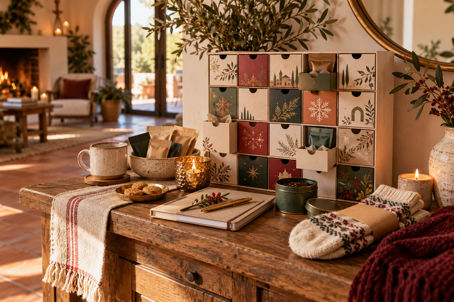 Calendario de Adviento para adultos acompañado de café, infusiones, una libreta y accesorios de invierno