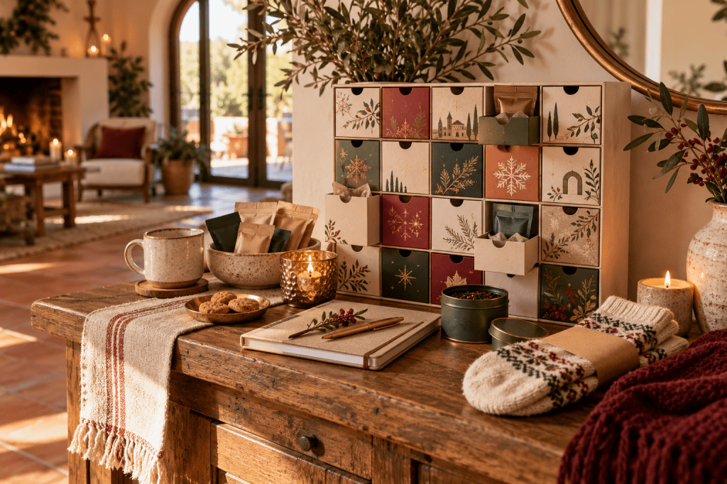 Calendario de Adviento para adultos acompañado de café, infusiones, una libreta y accesorios de invierno
