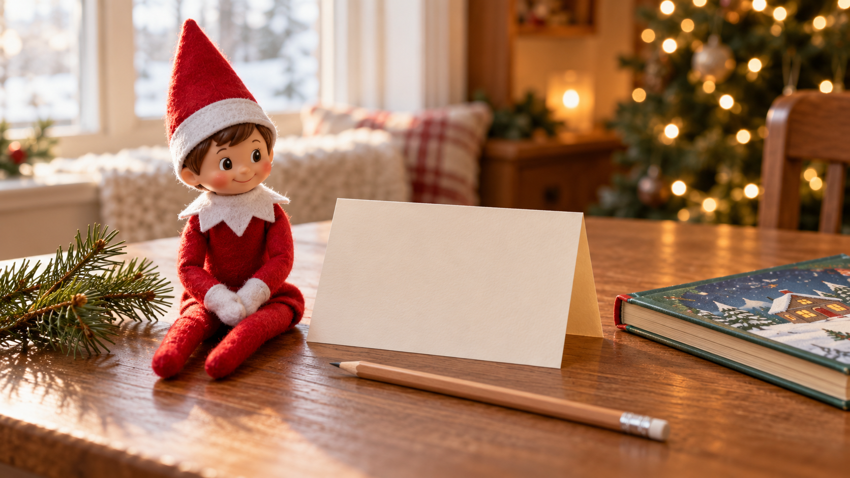 Elfo navideño sentado junto a una tarjeta en blanco, un lápiz y un cuento