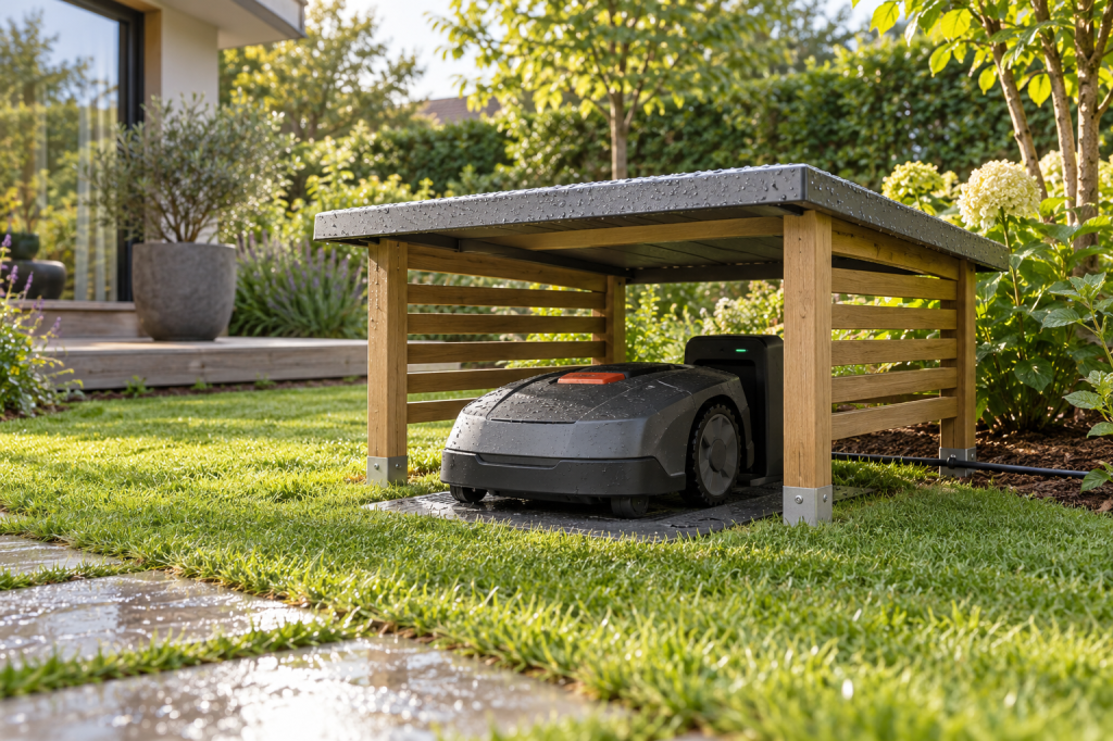 Robot cortacésped aparcado y cargando bajo una caseta abierta sobre su base en el jardín