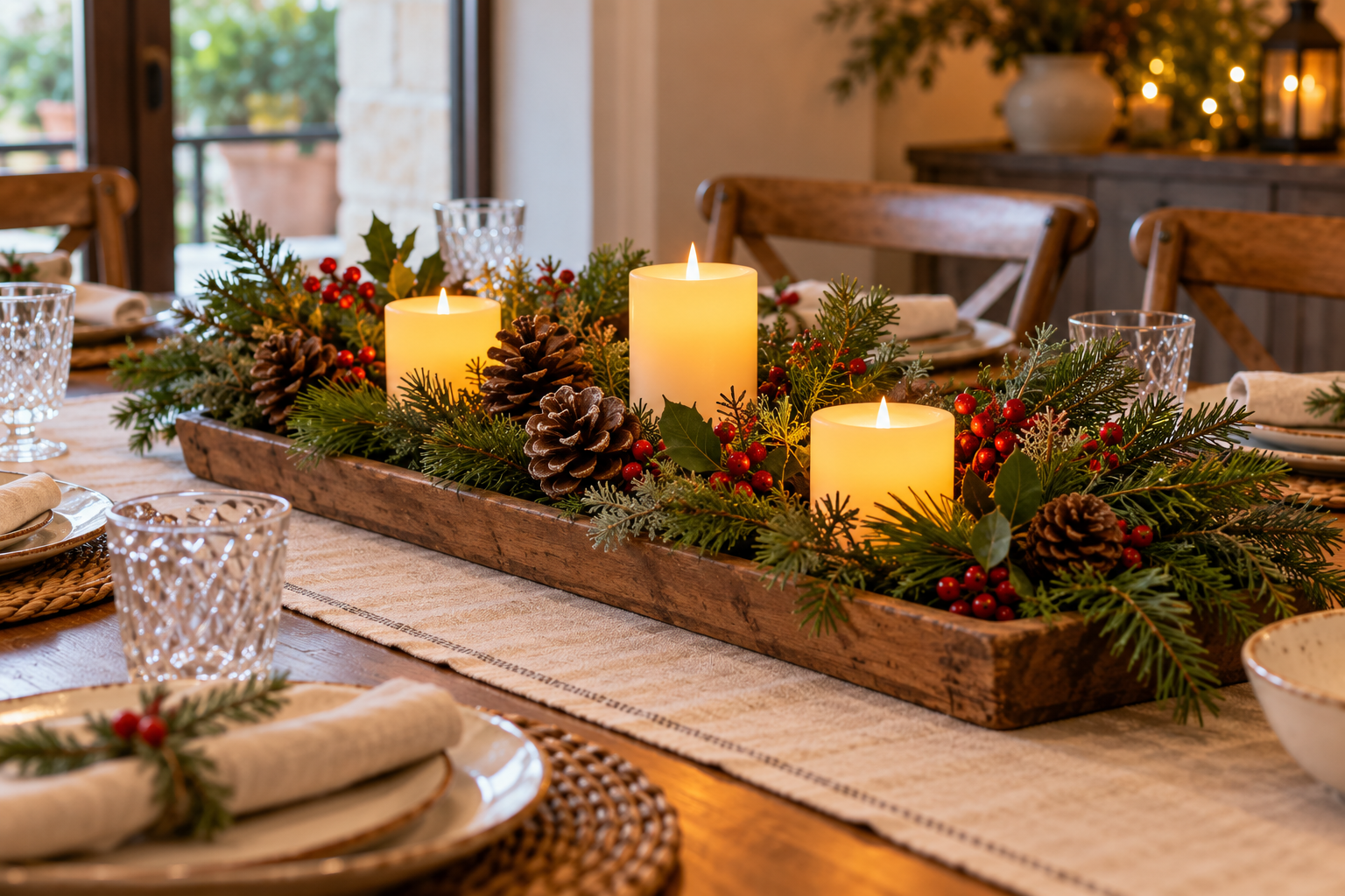 Centro de mesa navideño bajo con ramas verdes, piñas, bayas y velas sobre una bandeja