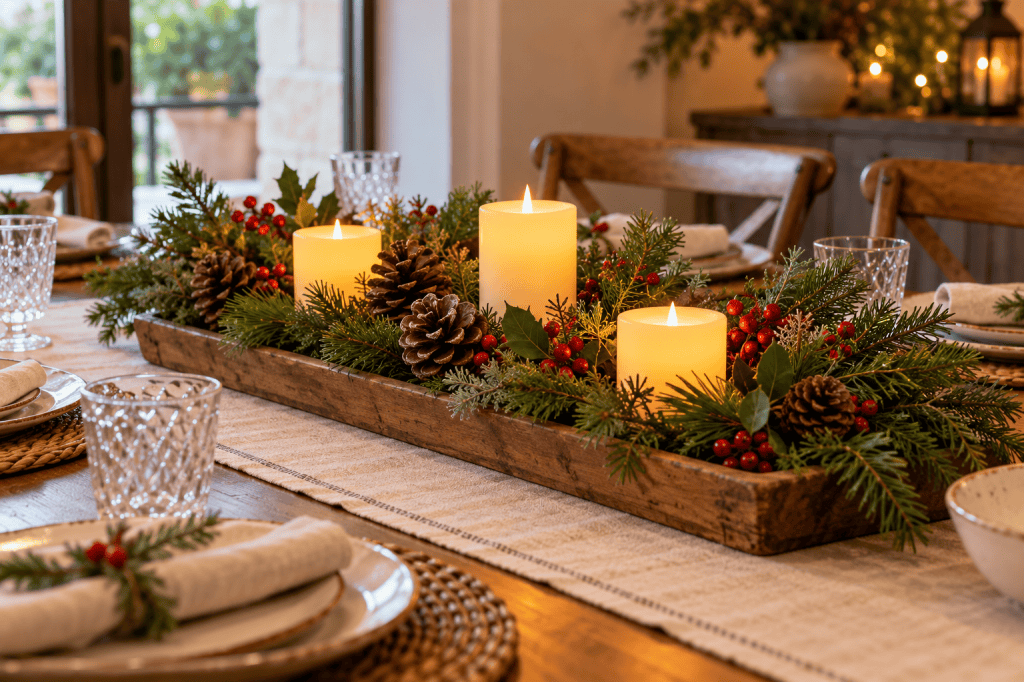 Centro de mesa navideño bajo con ramas verdes, piñas, bayas y velas sobre una bandeja