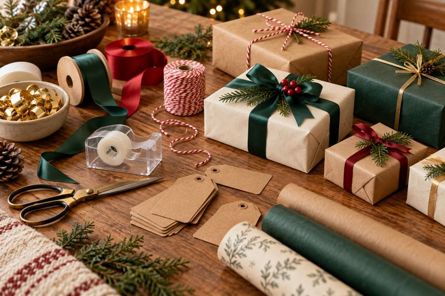 Cintas de raso, cordel, tijeras y cinta adhesiva junto a regalos navideños envueltos