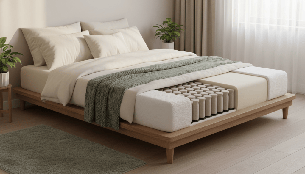 Colchón híbrido con capas de espuma y muelles ensacados en un dormitorio luminoso