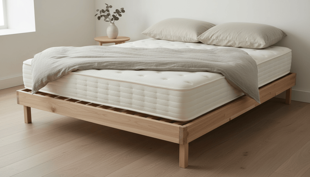 Colchón sobre base de láminas de madera en un dormitorio luminoso
