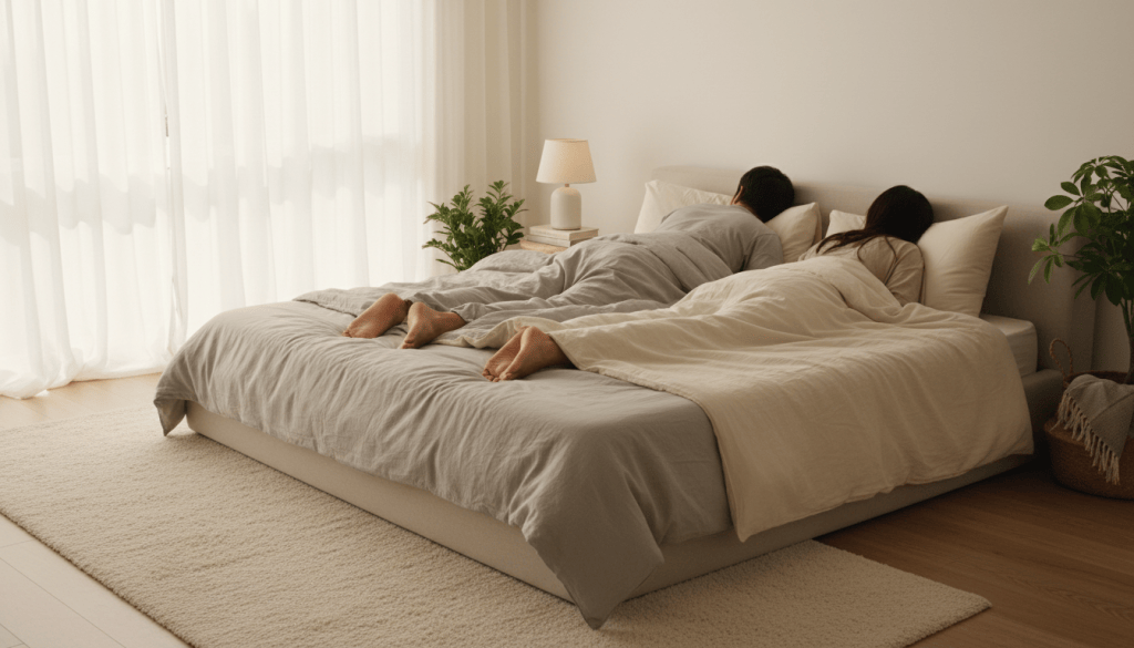 Pareja descansando en una cama amplia con ropa de cama neutra