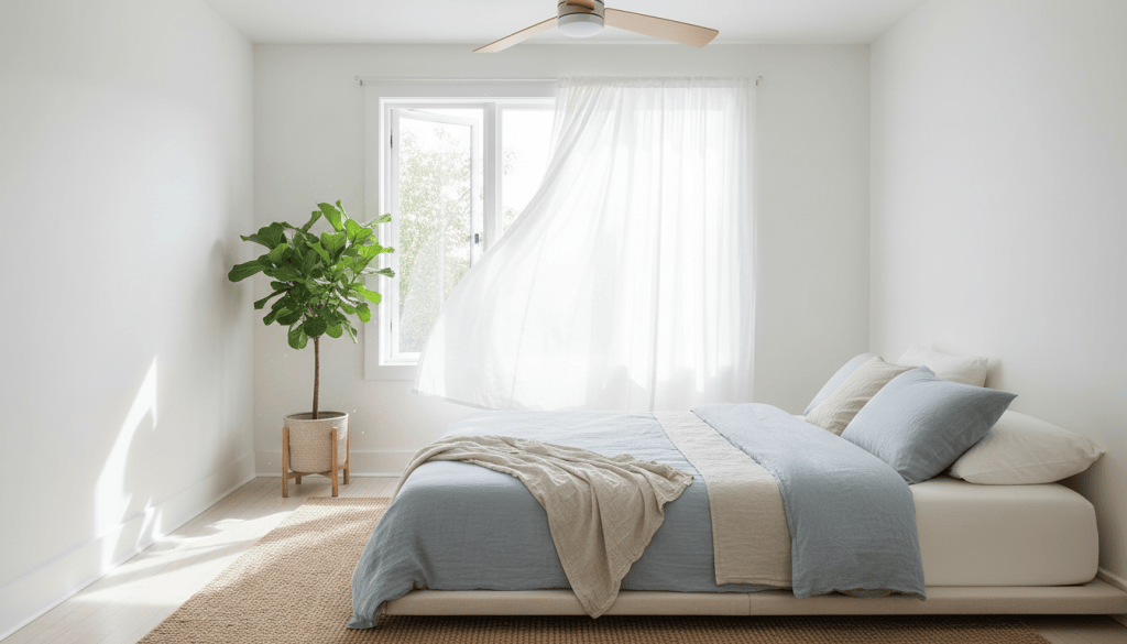 Dormitorio luminoso y ventilado con colchón y ropa de cama ligera