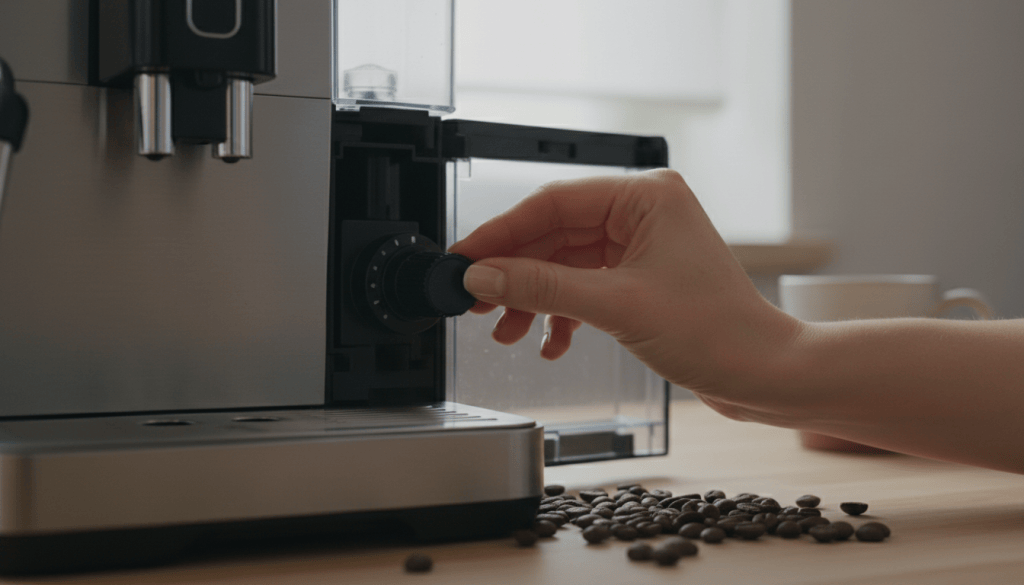 Selector de molienda de una cafetera superautomática junto a granos de café
