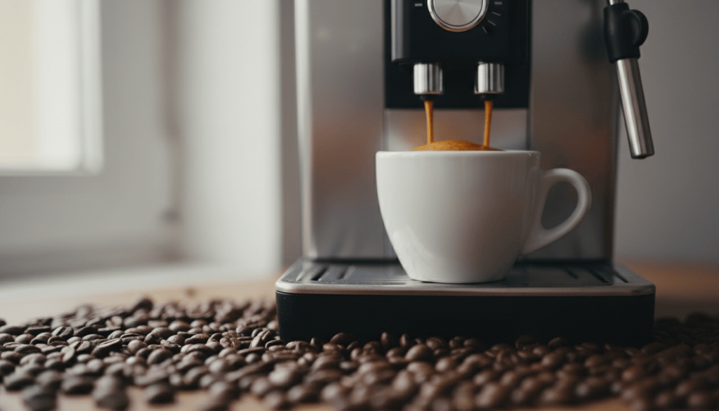 Taza de espresso junto a una cafetera superautomática y granos de café