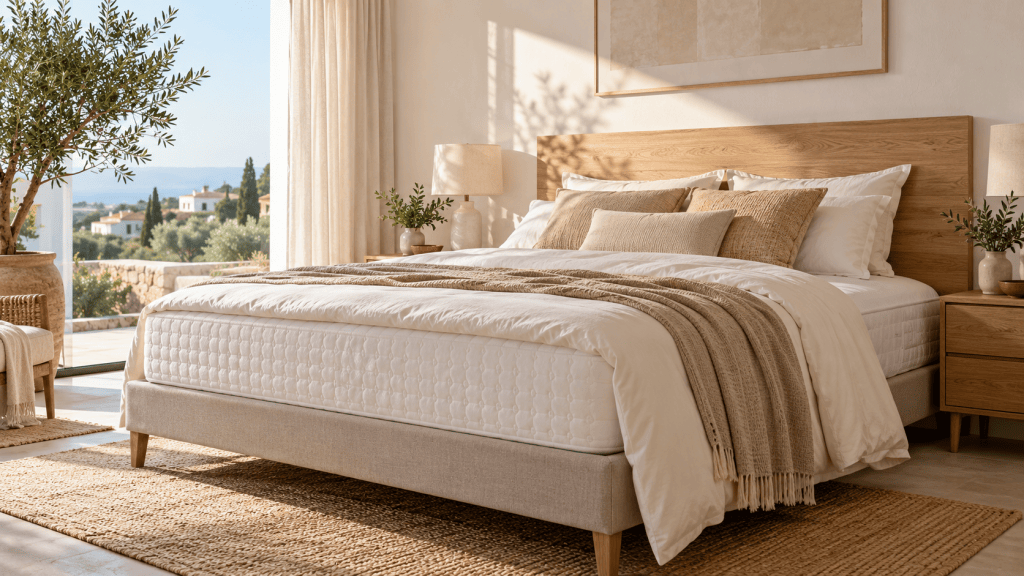 Cama doble con colchón blanco en un dormitorio luminoso de tonos neutros
