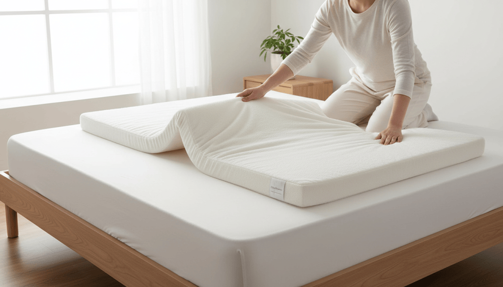 Dos muestras de topper de materiales y grosores diferentes sobre una cama