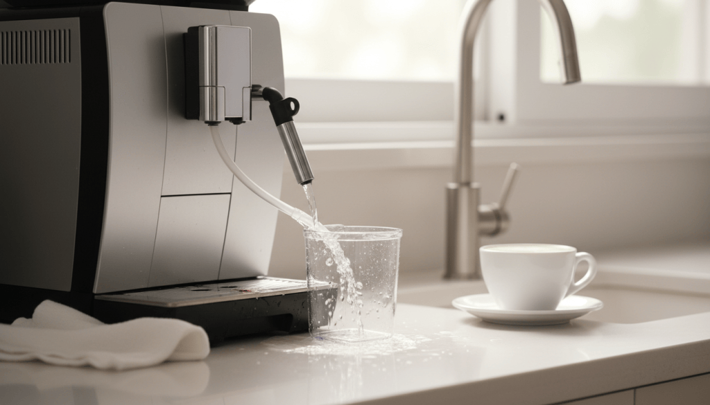 Tubo y recipiente de leche desmontables junto a una cafetera superautomática