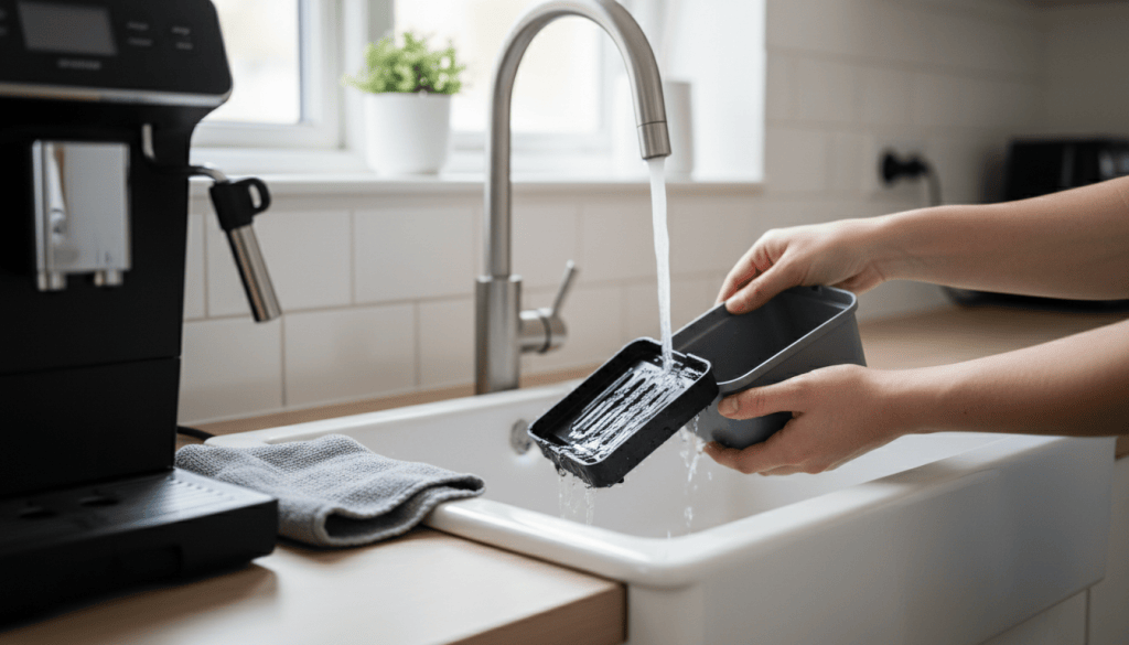 Bandeja de goteo y recipiente de posos retirados para limpiar una cafetera superautomática