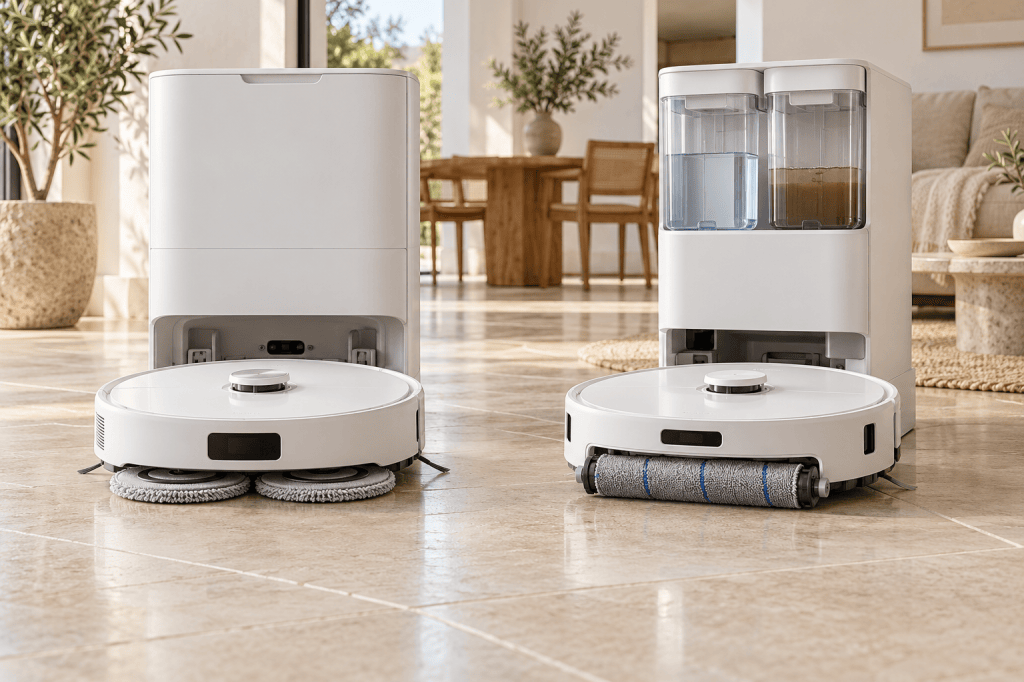 Dos robots fregasuelos: uno con mopas giratorias y otro con rodillo fregador
