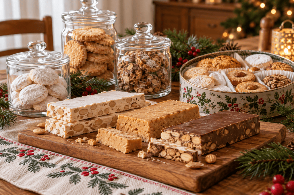 Turrones y dulces de Navidad organizados en tarros de vidrio y una caja metálica