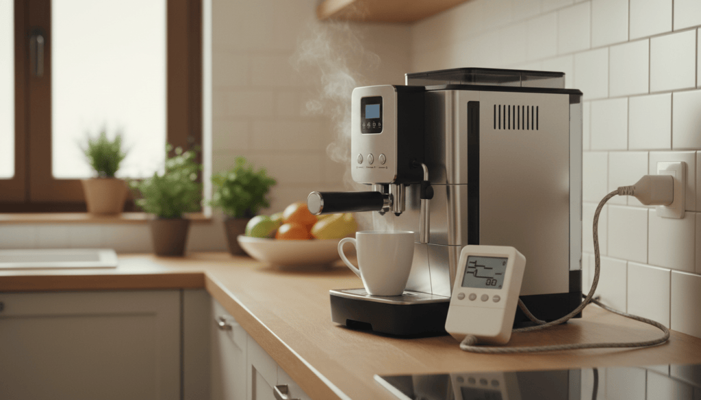 Cafetera superautomática conectada a un medidor de consumo eléctrico