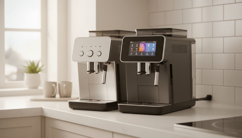 Dos cafeteras superautomáticas compactas, una con controles sencillos y otra con pantalla táctil