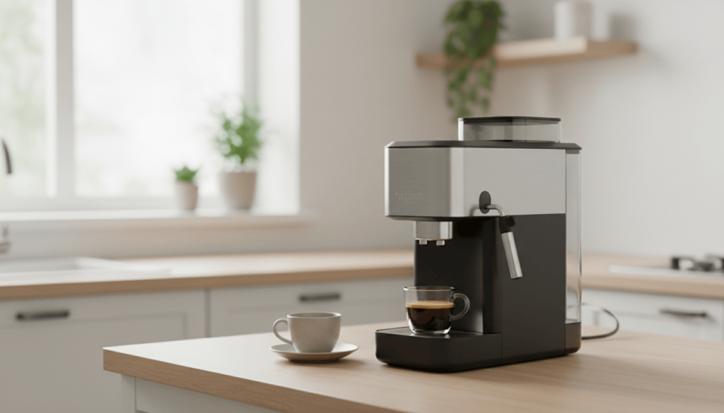 Cafetera superautomática compacta con molinillo y vaporizador manual en una cocina clara