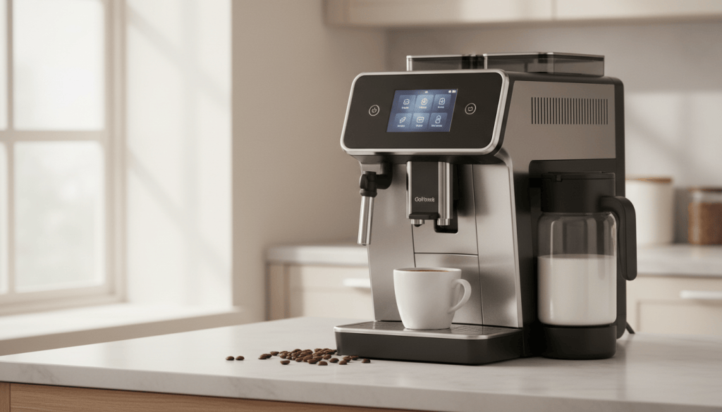 Cafetera superautomática genérica con pantalla táctil y jarra de leche en una cocina luminosa