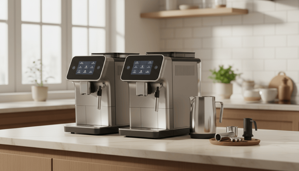 Dos cafeteras superautomáticas compactas junto a sus sistemas de leche desmontables sobre una encimera luminosa