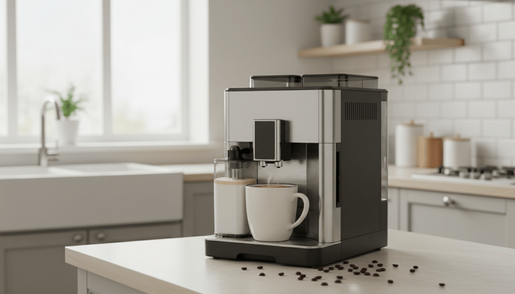 Cafetera superautomática con jarra de leche junto a un café largo servido en taza grande