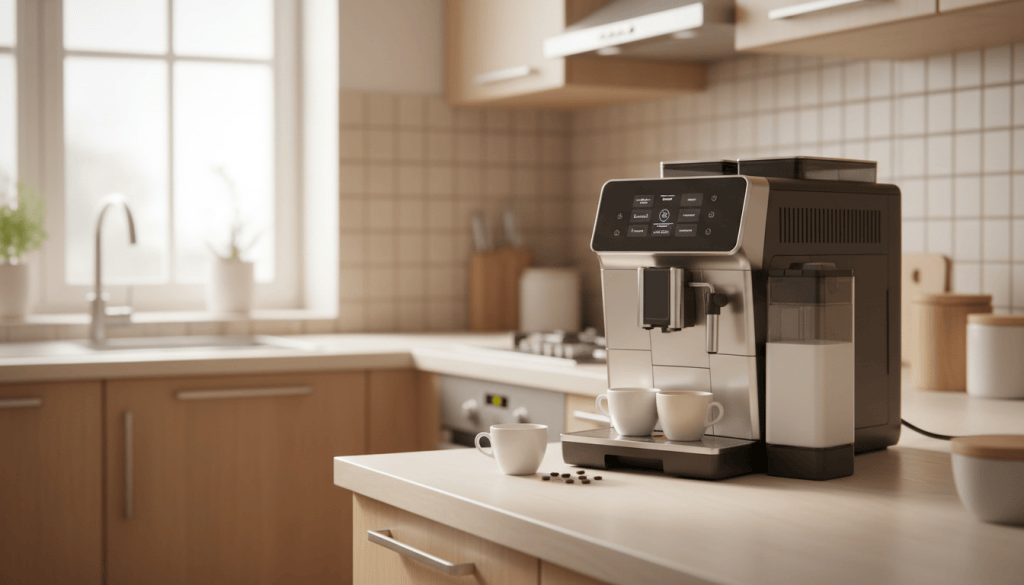 Cafetera superautomática doméstica con pantalla amplia, jarra de leche y varias tazas