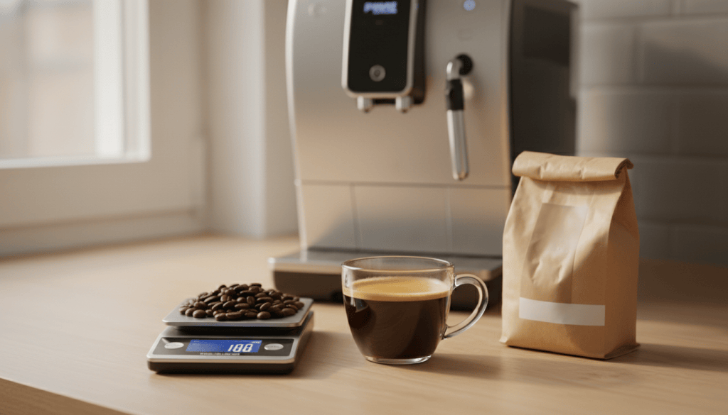 Taza de espresso, granos de café y báscula junto a una cafetera superautomática