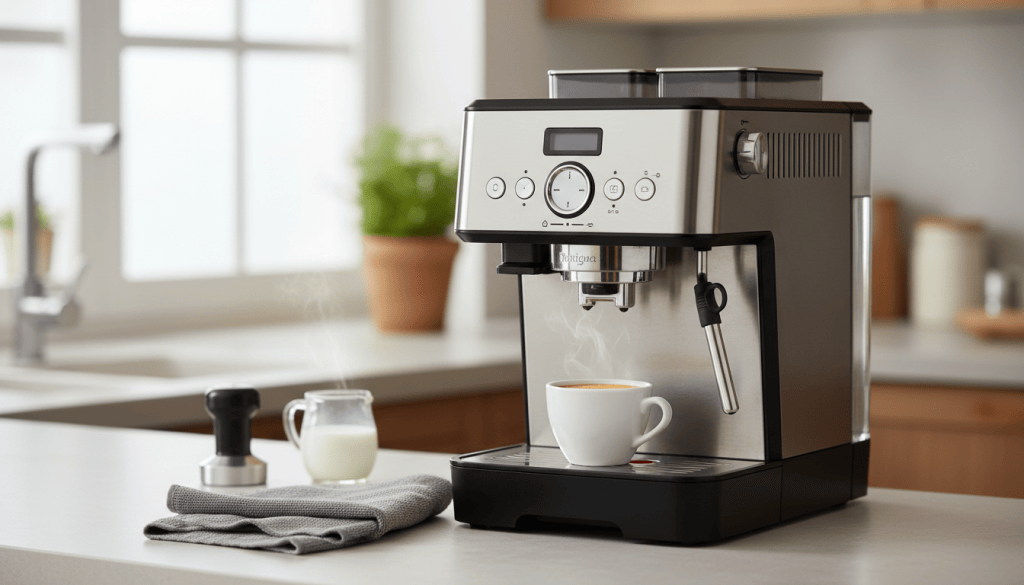 Cafetera superautomática limpia y cuidada en una cocina luminosa