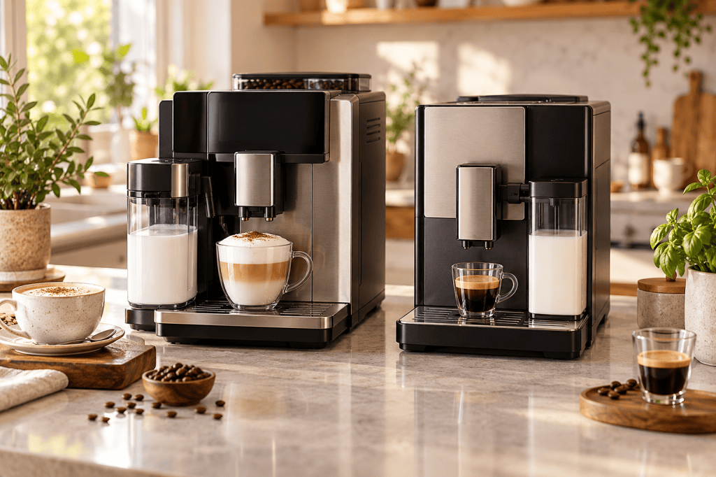 Dos cafeteras superautomáticas con jarra de leche en una cocina luminosa