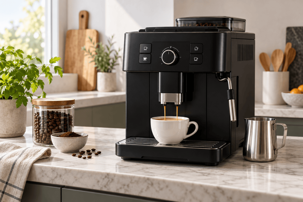 Cafetera superautomática negra con panel de botones, vaporizador manual y jarra de leche en una encimera de cocina