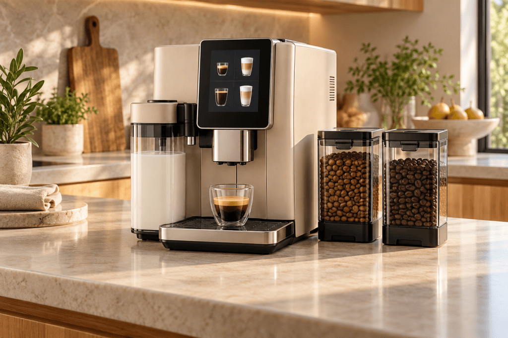 Cafetera superautomática compacta con pantalla táctil, jarra de leche y dos depósitos de café en grano intercambiables