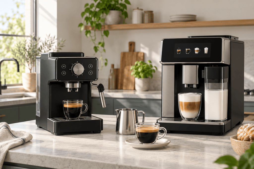 Dos cafeteras superautomáticas genéricas: una con vaporizador manual y otra con pantalla táctil y depósito de leche