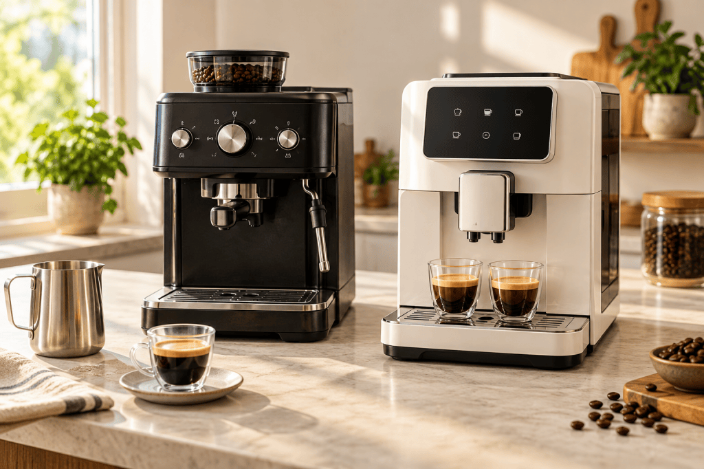 Dos cafeteras superautomáticas genéricas, una negra con mandos físicos y vaporizador y otra blanca con controles táctiles