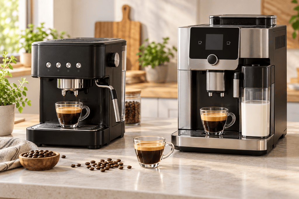 Dos cafeteras superautomáticas genéricas: una con vaporizador manual y otra con jarra de leche automática