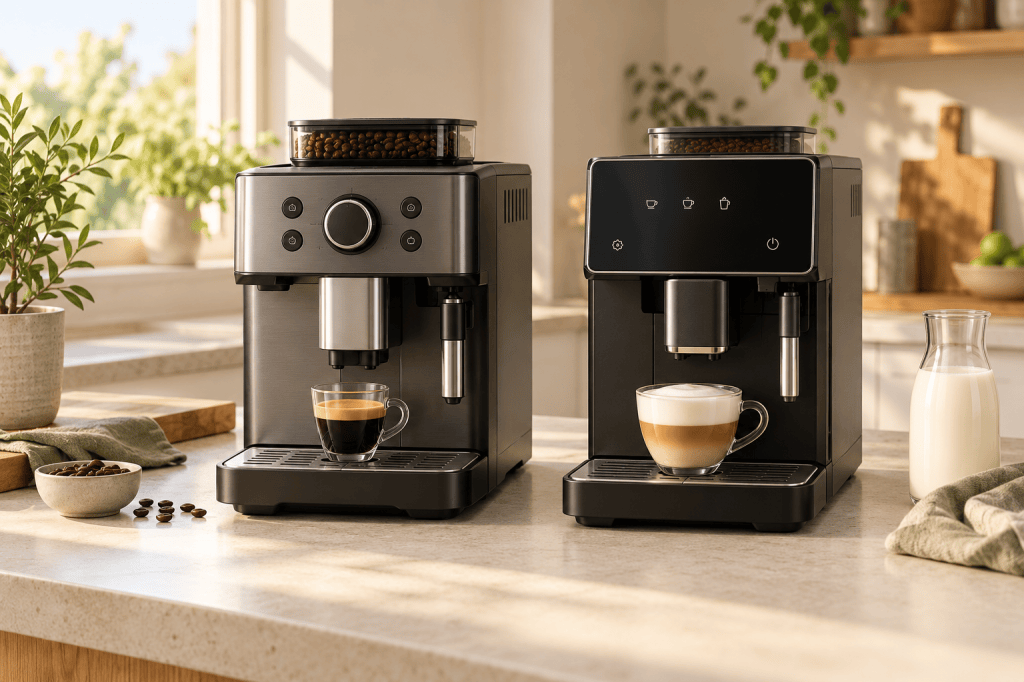 Dos cafeteras superautomáticas genéricas sobre una encimera luminosa, una con mandos y otra con pantalla táctil