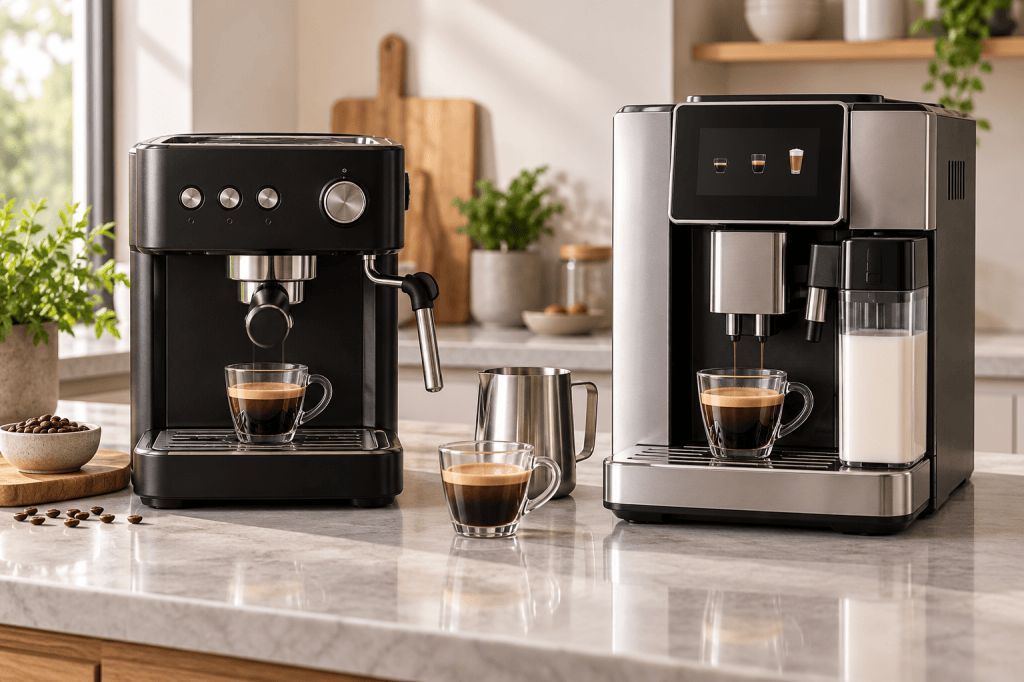 Dos cafeteras superautomáticas genéricas, una con vaporizador manual y otra con pantalla y jarra de leche