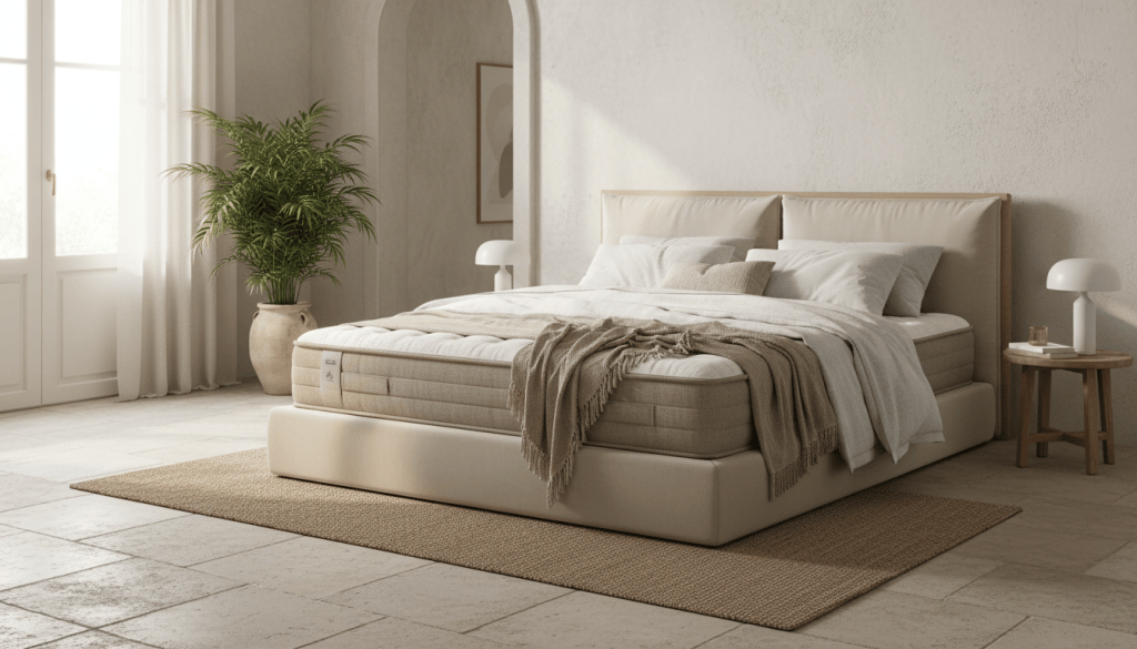 Dormitorio luminoso con una cama y un colchón alto de aspecto premium