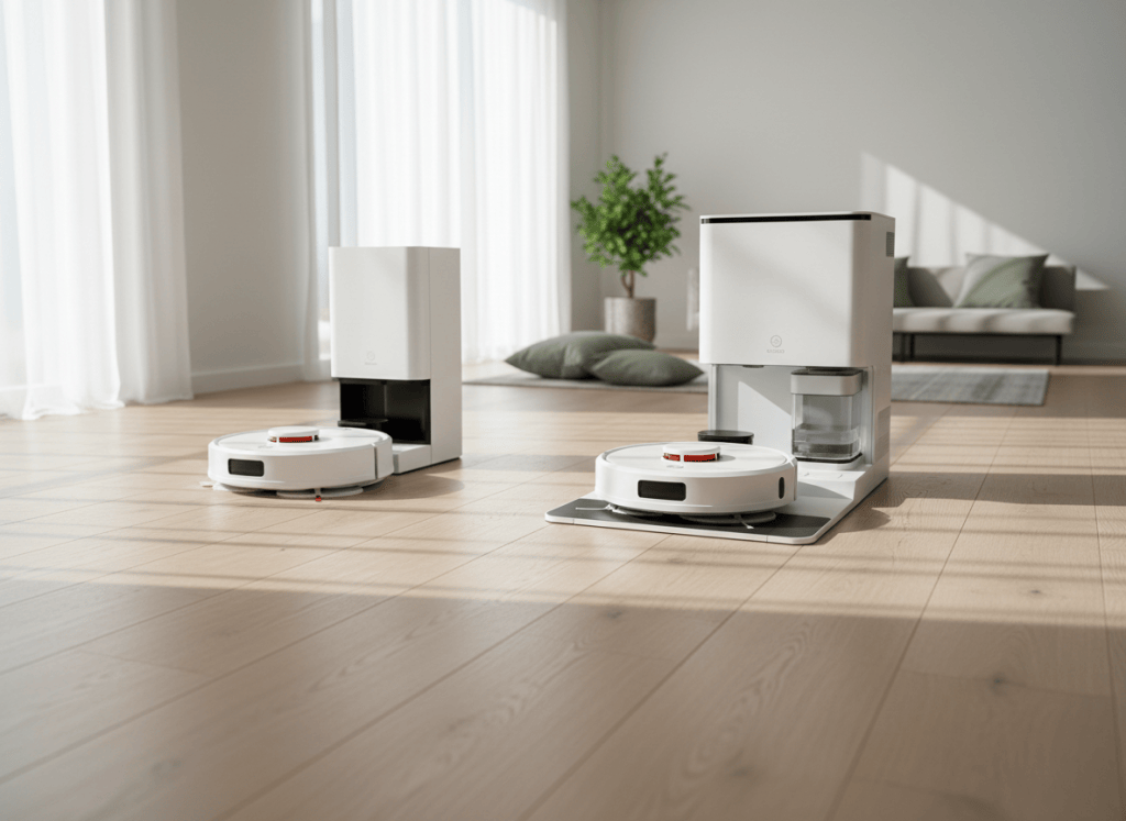 Dos robots aspiradores con mopas giratorias y estaciones multifunción, una de ellas con una base de lavado más avanzada.