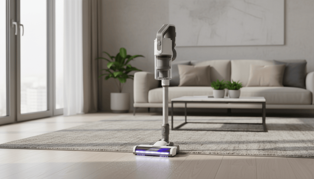 Aspiradora escoba con cabezal iluminado limpiando alfombra y suelo