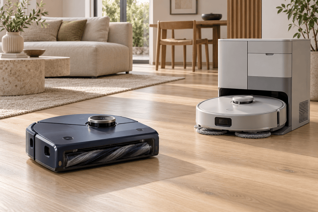 Robot Dyson 360 Vis Nav junto a un robot friegasuelos Dyson Nurovi con base multifunción