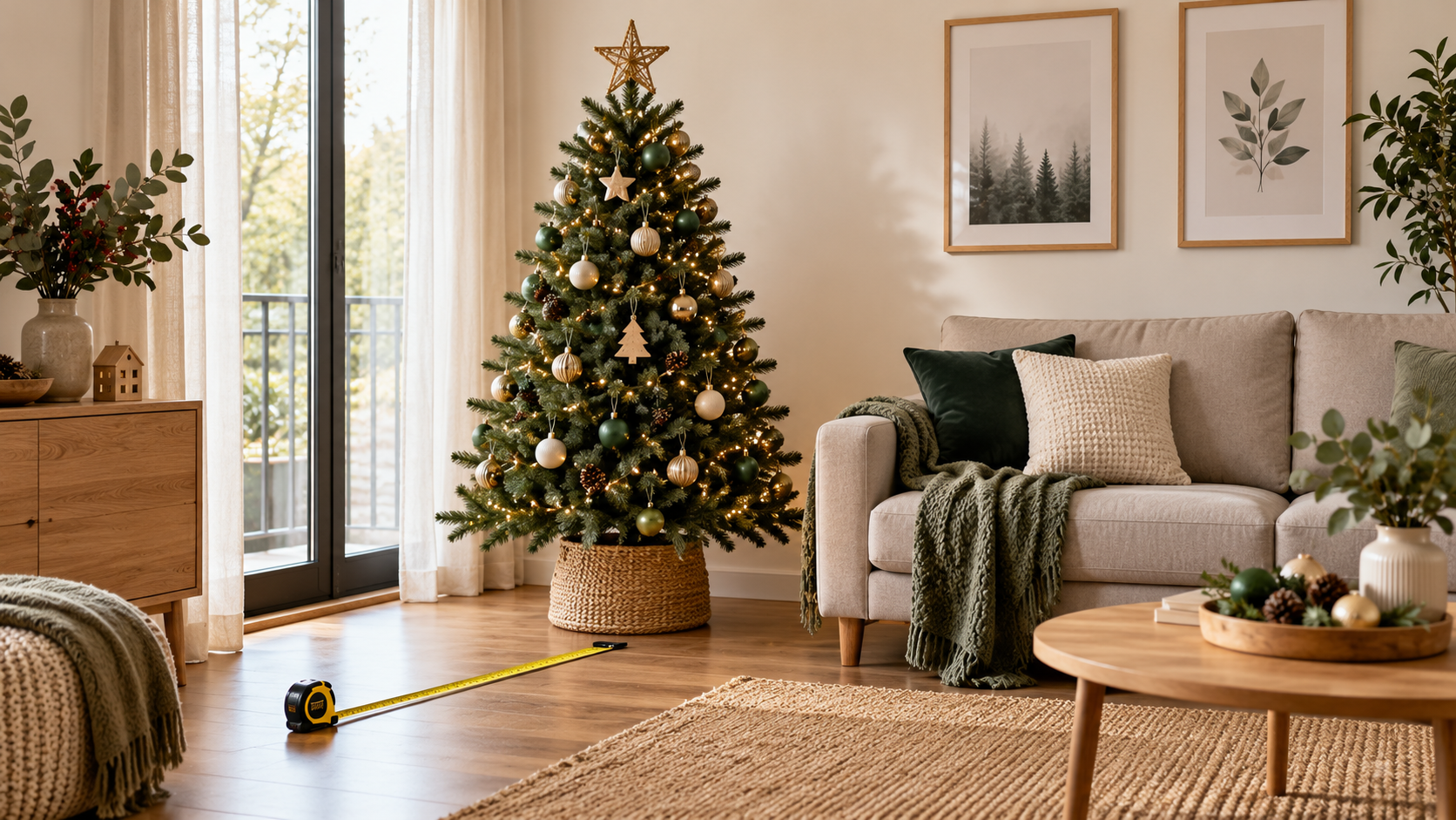 Árbol de Navidad junto al sofá con una cinta métrica en el suelo para planificar el espacio