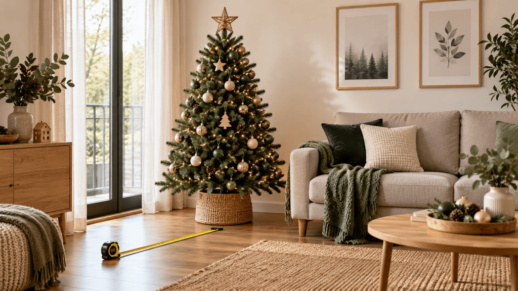 Árbol de Navidad junto al sofá con una cinta métrica en el suelo para planificar el espacio