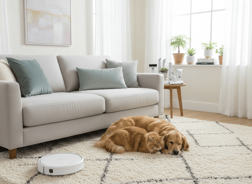 Aspiradora y accesorios en un hogar con perro y gato