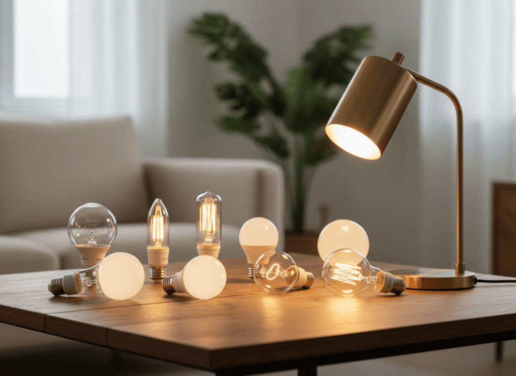 Varias bombillas LED junto a una lámpara doméstica