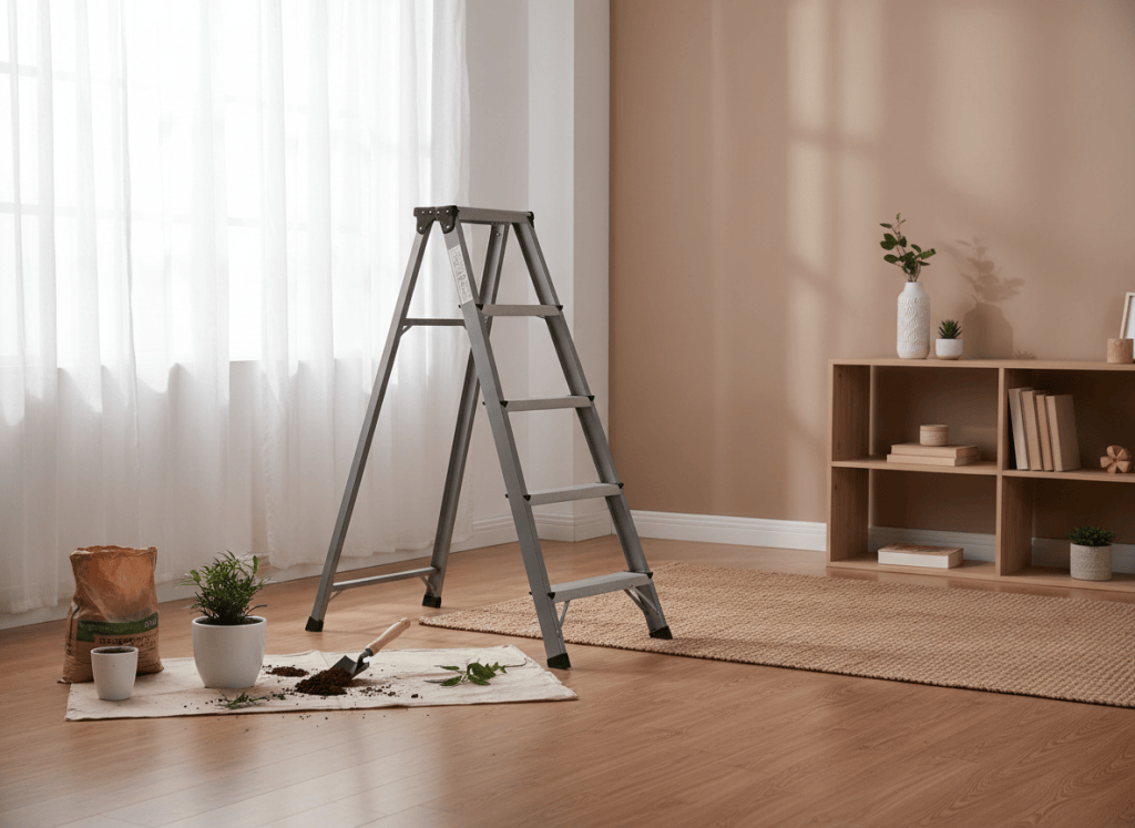 Escalera de tijera abierta de forma estable en casa