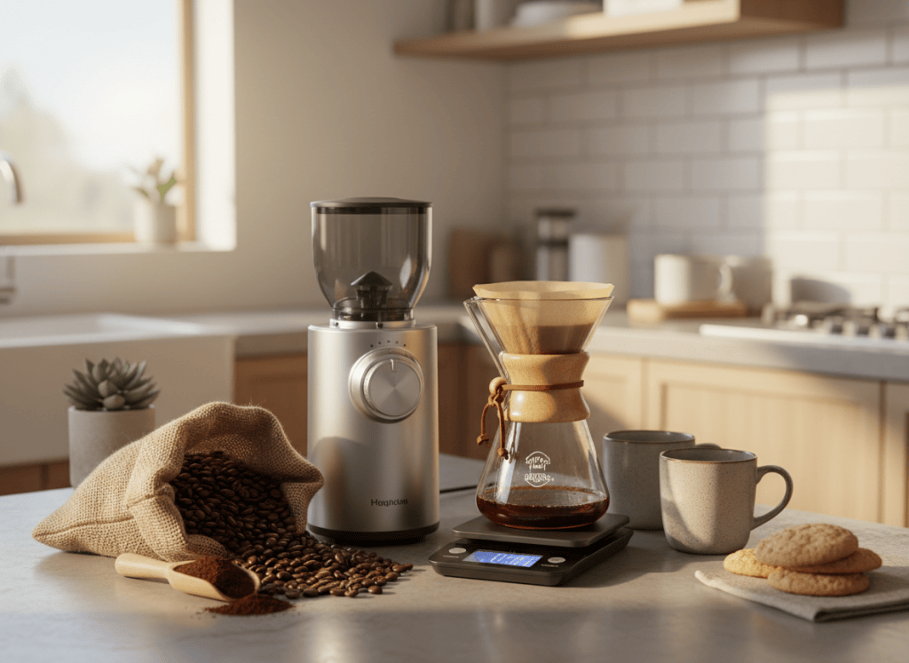 Molinillo de café y granos en un rincón de cocina