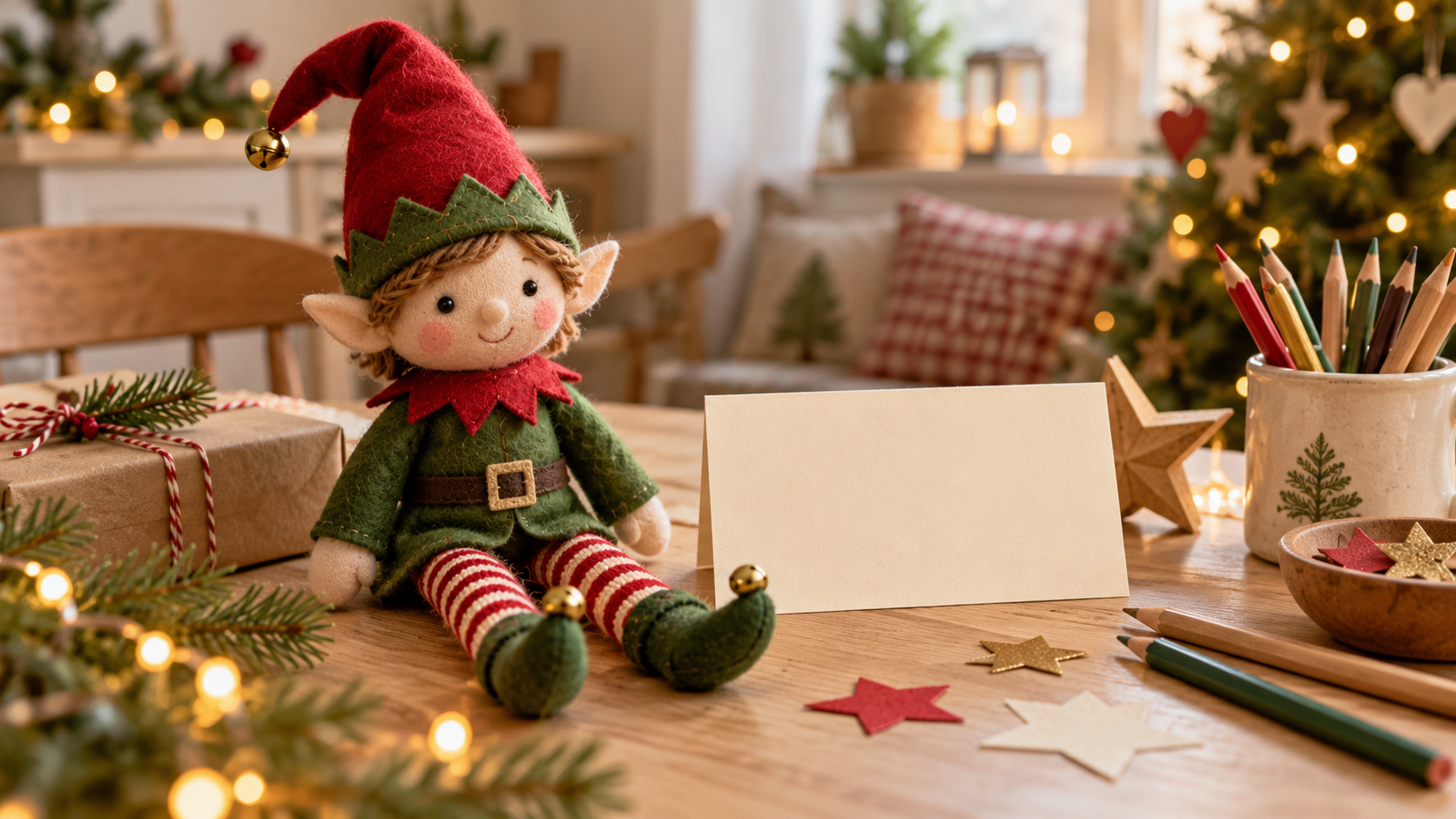 Muñeco de elfo navideño junto a una tarjeta en blanco y lápices de colores