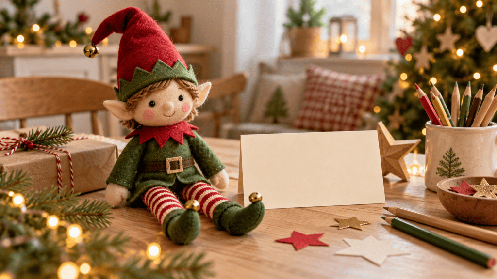 Muñeco de elfo navideño junto a una tarjeta en blanco y lápices de colores